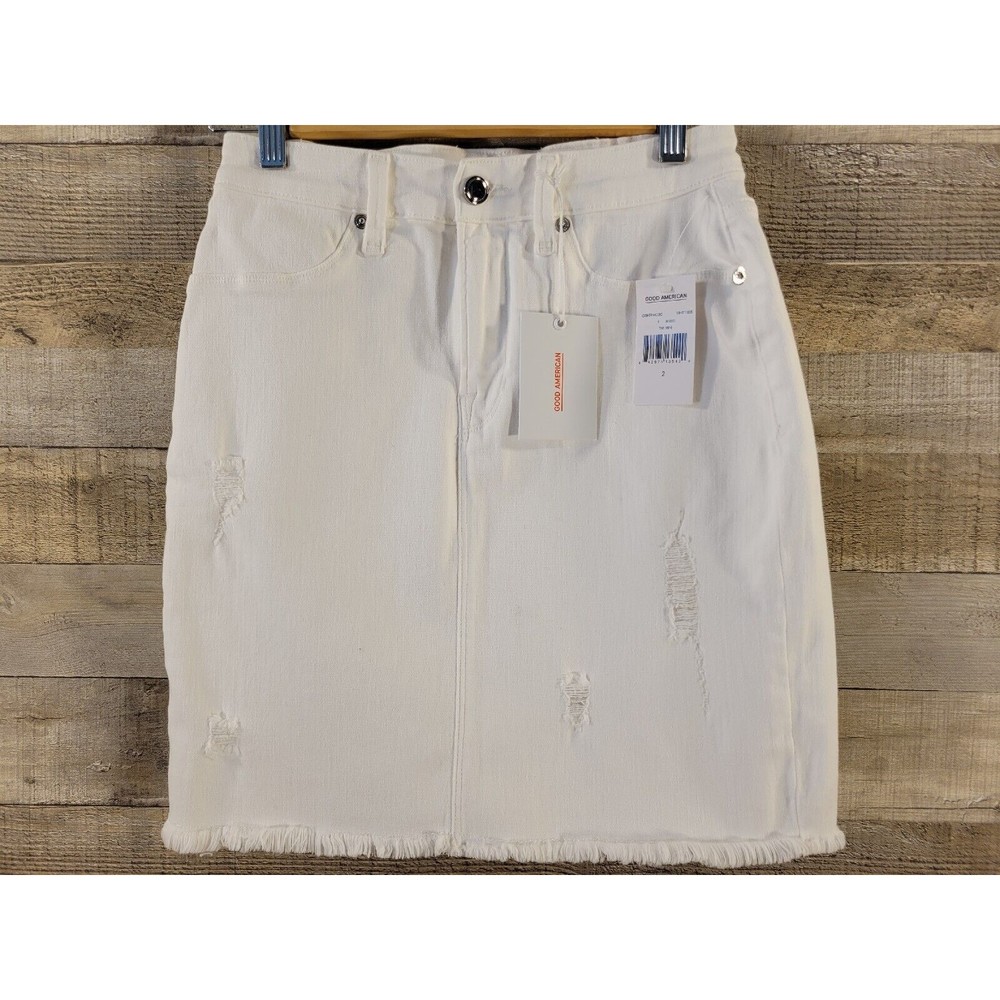 Good American Frayed Hem Denim Skirt Size 2/26 White Distressed